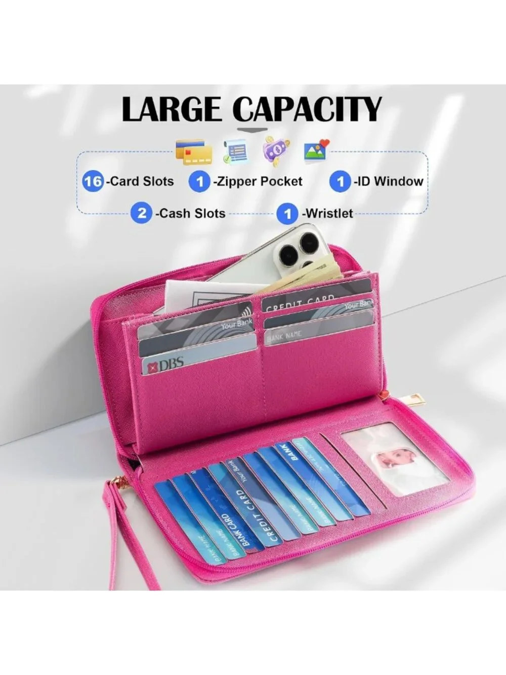 Vegan Leather Clutch Wallet for Women - Zip Closure, Hand Strap, Large Capacity